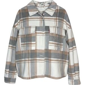 Levis Plaid Quilted Lined Jacket Tan Grey Cream Womens Large